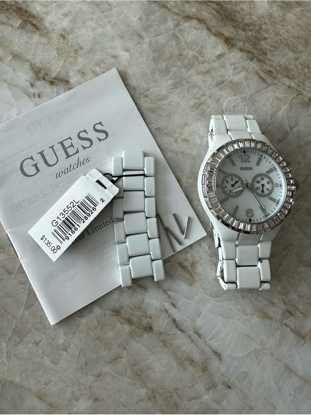GUESS White Ceramic Crystal-Trim Women's Watch